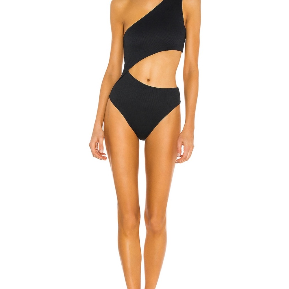 Beach Riot Celine Ribbed Black Asymmetrical One-Piece Swimsuit
